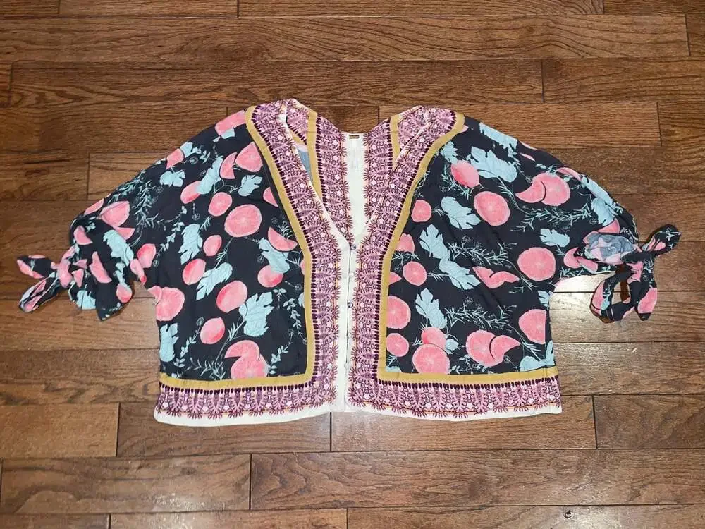 Free People Peach Print Boho Tie Sleeve Kimono Top Size M Festival